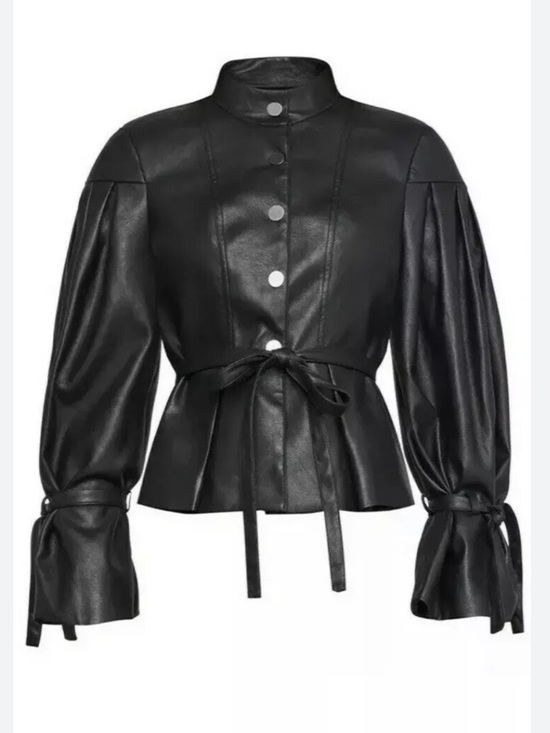 BCBGMaxAzria Jackets & Blazers - BCBGMAXAZRIA Black Faux Leather Pleated Sleeve Jacket Peplum Tie Waist S